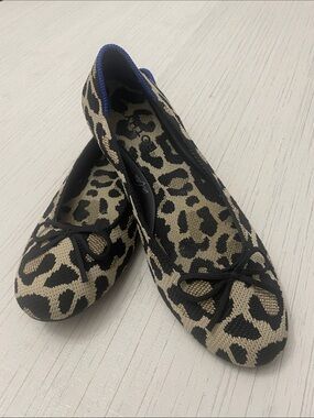Rothy's Leopard Knit Ballet Flats - Black & Tan with Blue Trim